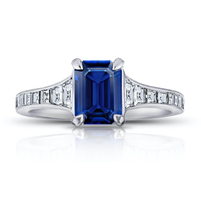 1.41 Carat Emerald Cut Blue Sapphire and Diamond Ring - David Gross Group