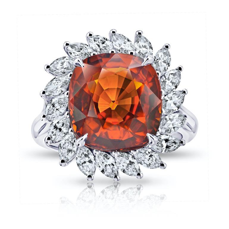 8.08 Carat Cushion Cut Orange Sapphire and Diamond Ring - David Gross Group