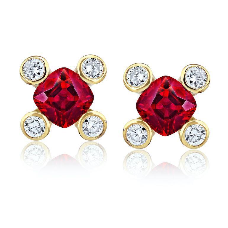 .90 Carat Cushion Red Ruby and Diamond Earrings - David Gross Group