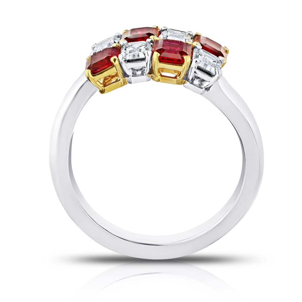 Emerald Cut Red Ruby and Diamond Crossover Ring - David Gross Group