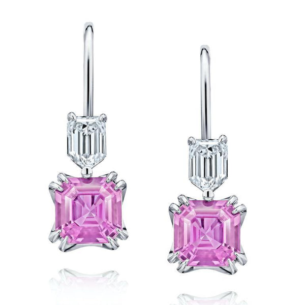 1.98 Carat Emerald Cut Pink Sapphire and Diamond Earrings