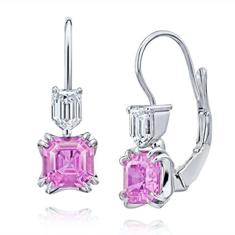 1.98 Carat Emerald Cut Pink Sapphire and Diamond Earrings - David Gross Group