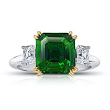 5.07 Carat Square Emerald Cut Green Tsavorite and Diamond Ring - David Gross Group