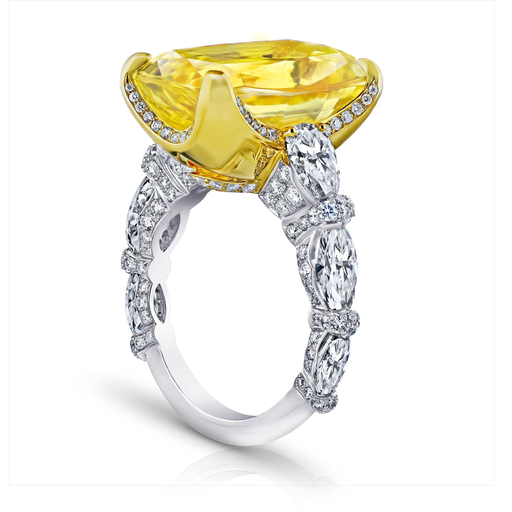 20.26 Carat Yellow Cushion Sapphire and Diamond Ring - David Gross Group