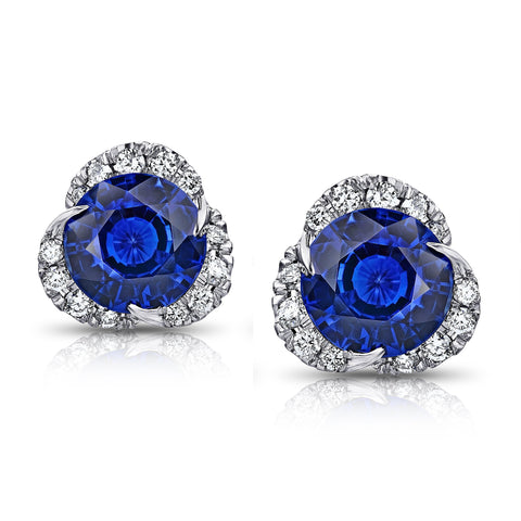 2.10 Carat Round Blue Sapphire and Diamond Halo Platinum  Earrings