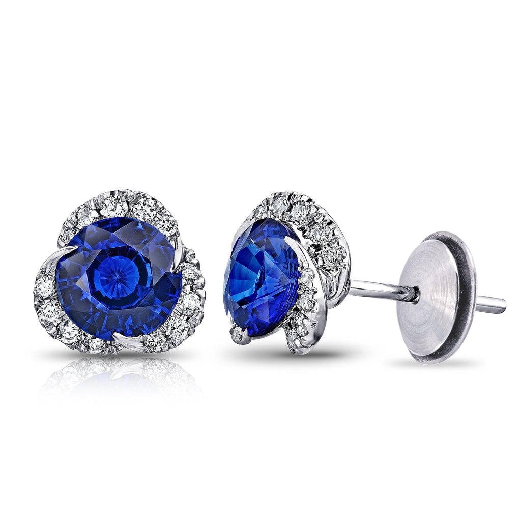 3.30 Carat Round Blue Sapphire and Diamond Halo Platinum Earrings - David Gross Group