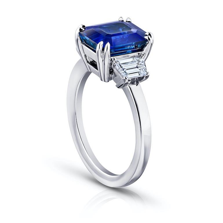 4.86 Carat Emerald Cut Blue Sapphire and Diamond Ring - David Gross Group