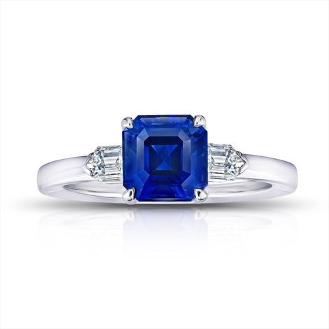 13.17 carat Asscher cut blue sapphire and diamond platinum ring