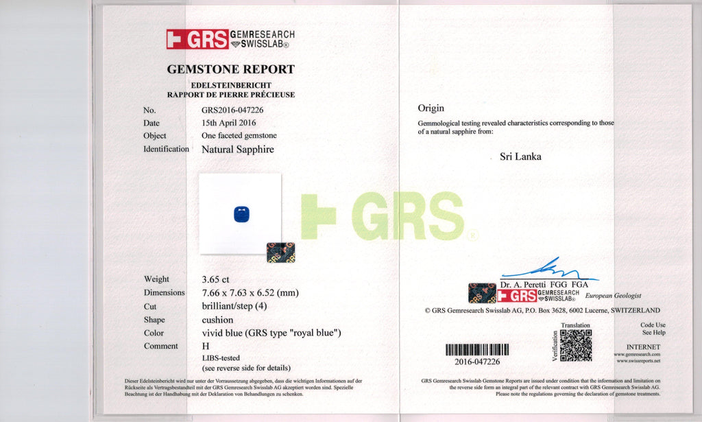 3.65 Carat Cushion Blue Sapphire and Diamond Ring - David Gross Group