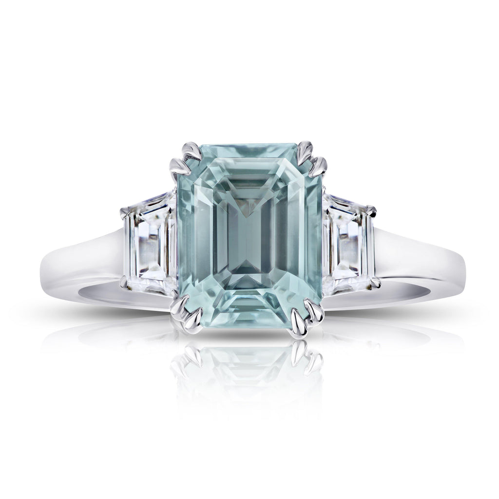3.12 Carat Emerald Cut Bluish Green Sapphire and Diamond Ring - David Gross Group