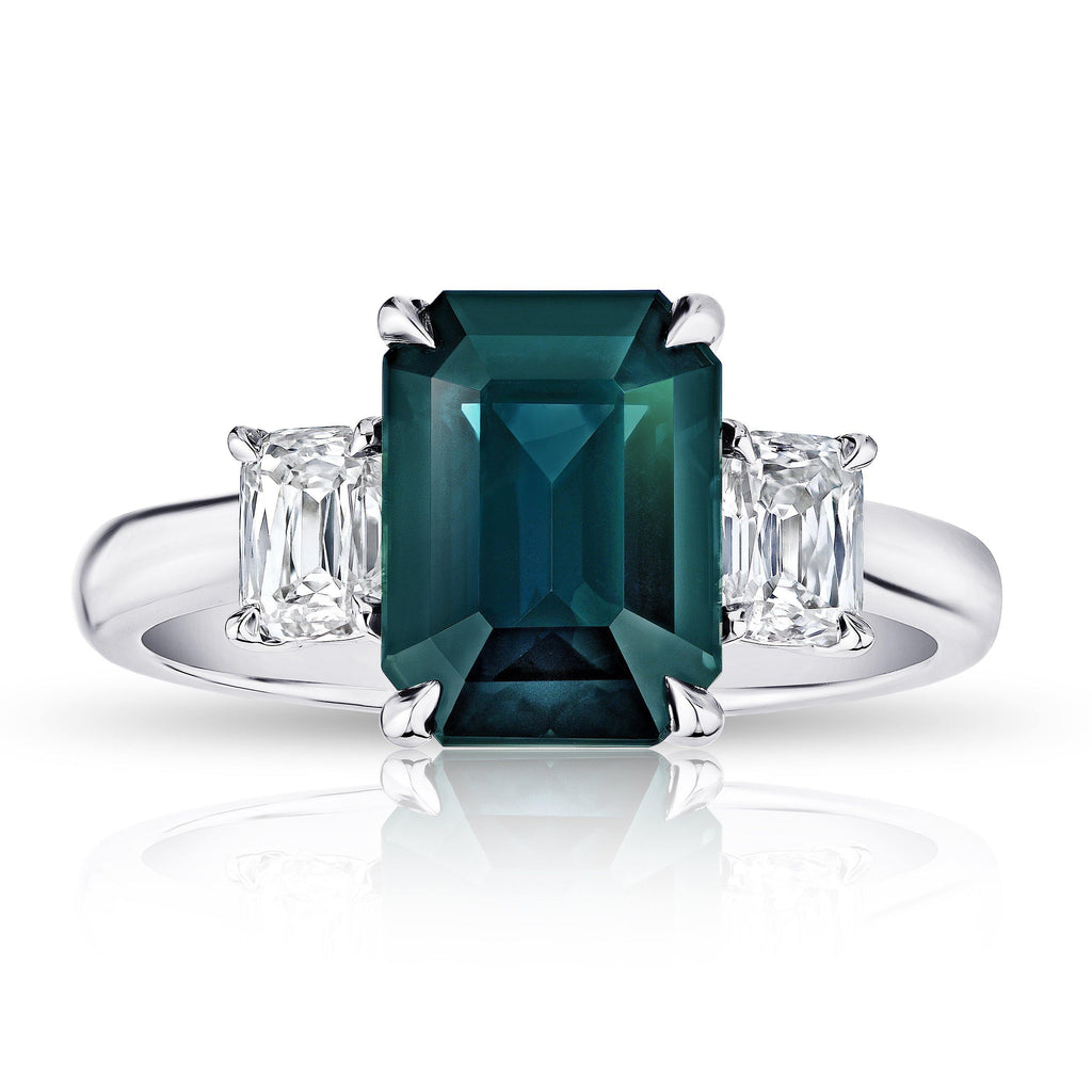 3.79 Carat Emerald Cut Green Sapphire and Diamond Ring - David Gross Group