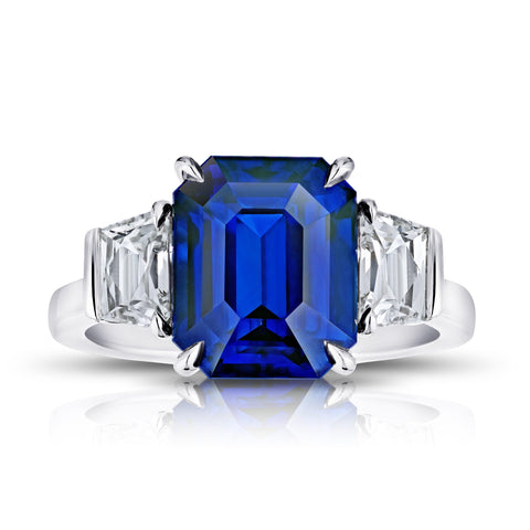 7.11 Carat Emerald Cut Blue Sapphire and Diamond Ring