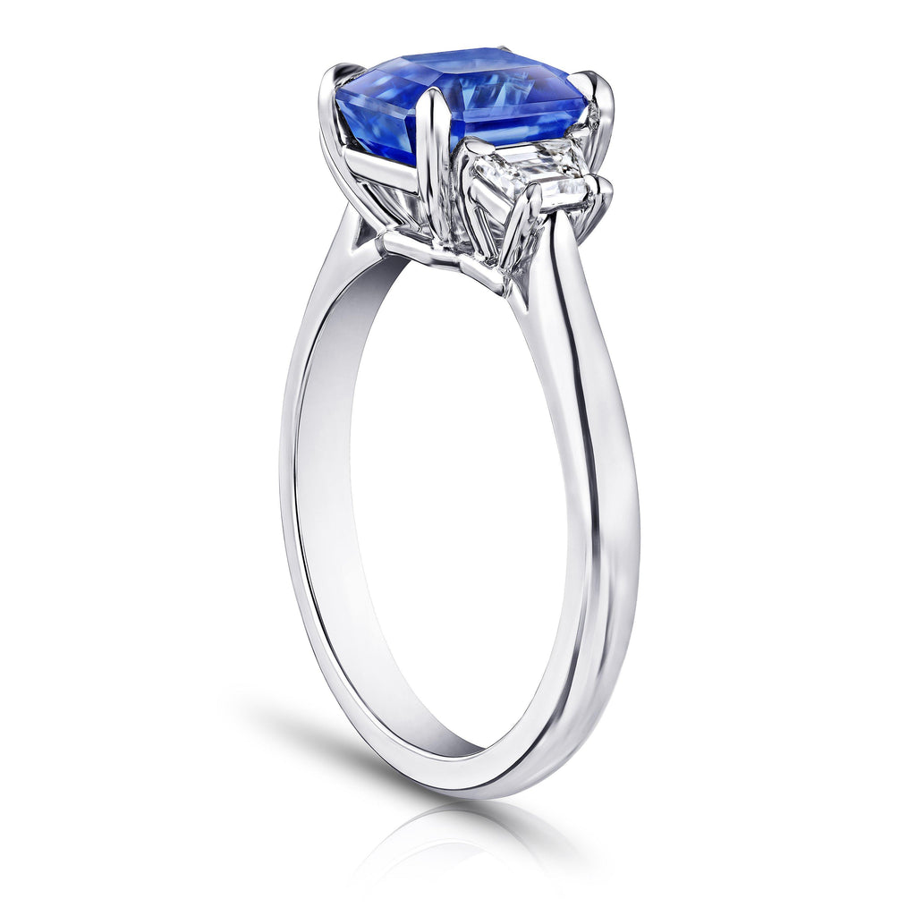 3.18 Carat Emerald Cut Blue Sapphire and Diamond Ring - David Gross Group