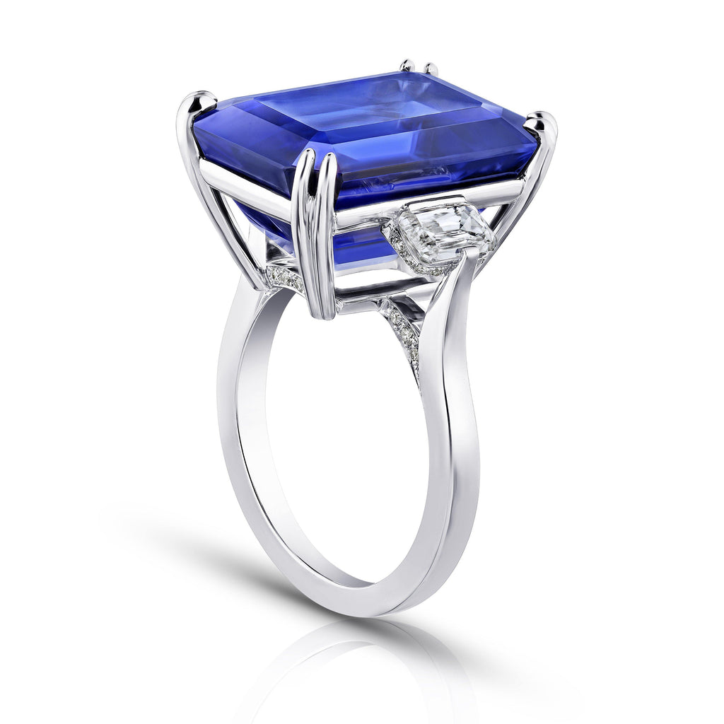 19.97 Carat Emerald Cut Blue Tanzanite and Diamond Ring - David Gross Group