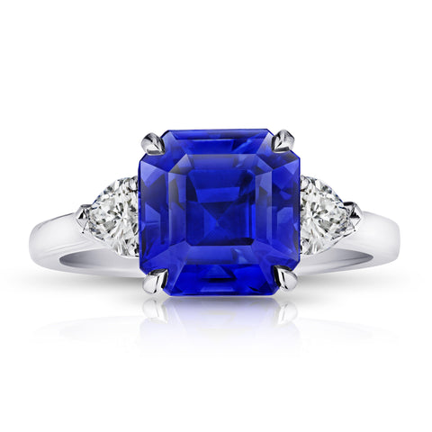 3.18 Carat Emerald Cut Blue Sapphire and Diamond Ring