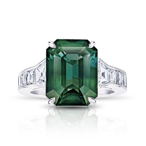 5.08 Carat Emerald Cut Blue Sapphire and Diamond Ring