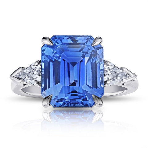 4.01 Carat Emerald Cut Blue Sapphire and Diamond Ring