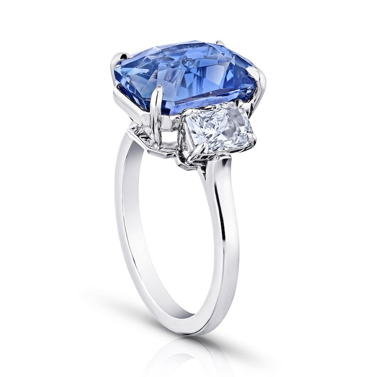 8.63 carat Radiant cut blue sapphire and diamond platinum ring - David Gross Group