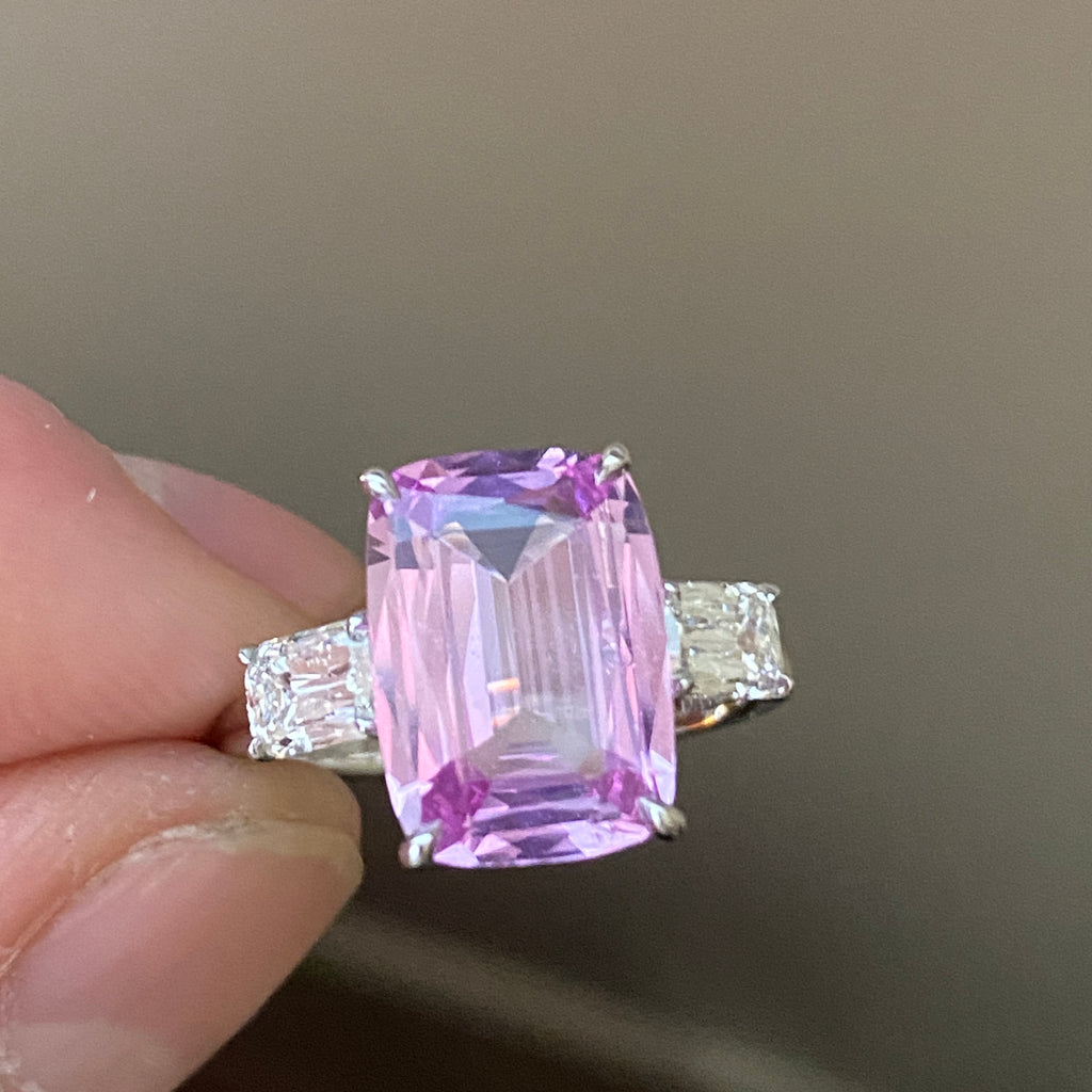 5.28 Carat Cushion Light Pink Sapphire and Diamond Ring - David Gross Group