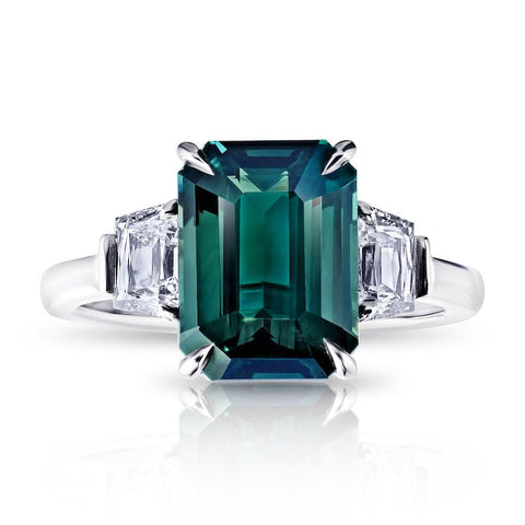 3.12 Carat Emerald Cut Bluish Green Sapphire and Diamond Ring