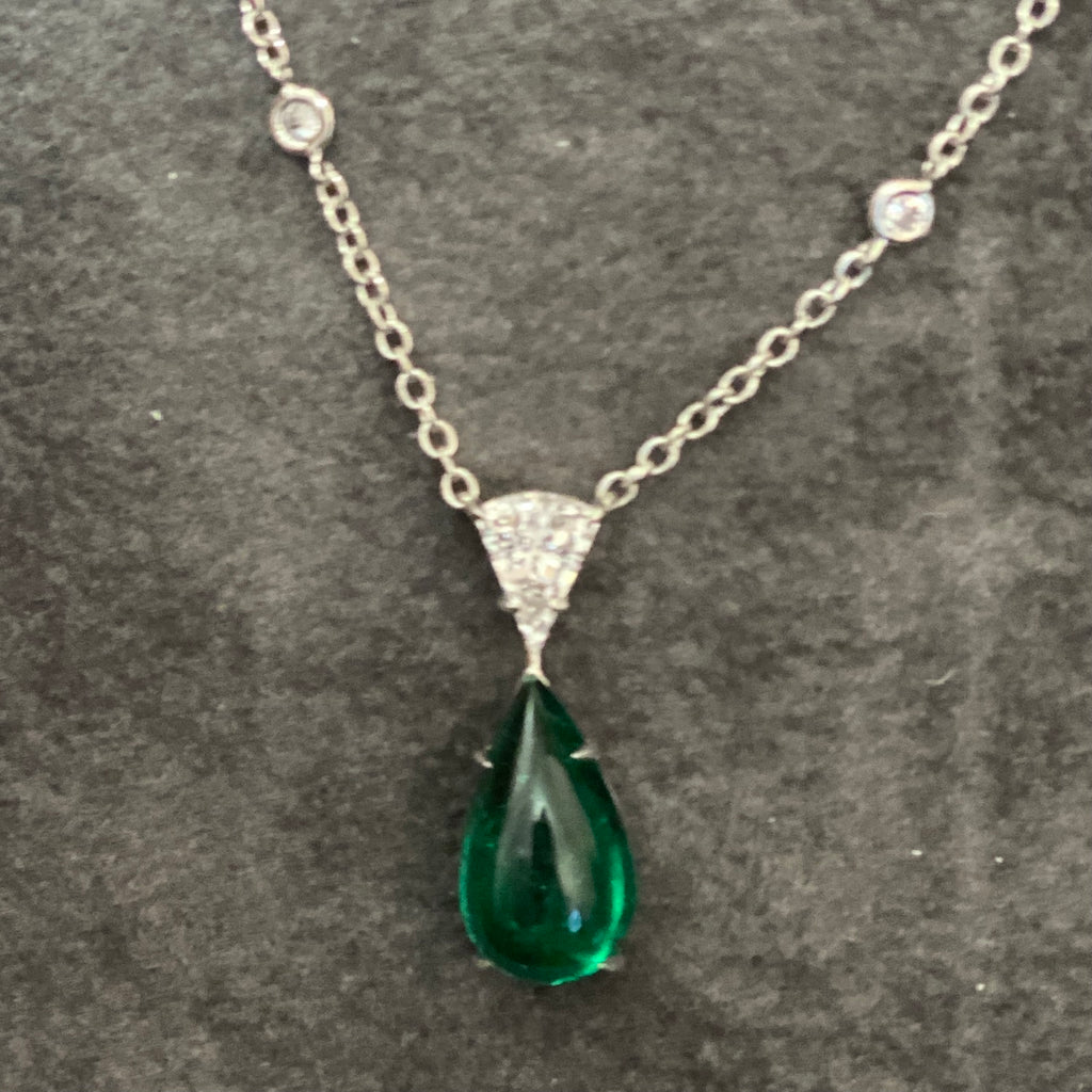 3.89 carat Cabochon Green Emerald and Diamond Platinum Pendant - David Gross Group