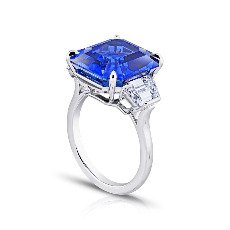 13.17 carat Asscher cut blue sapphire and diamond platinum ring - David Gross Group