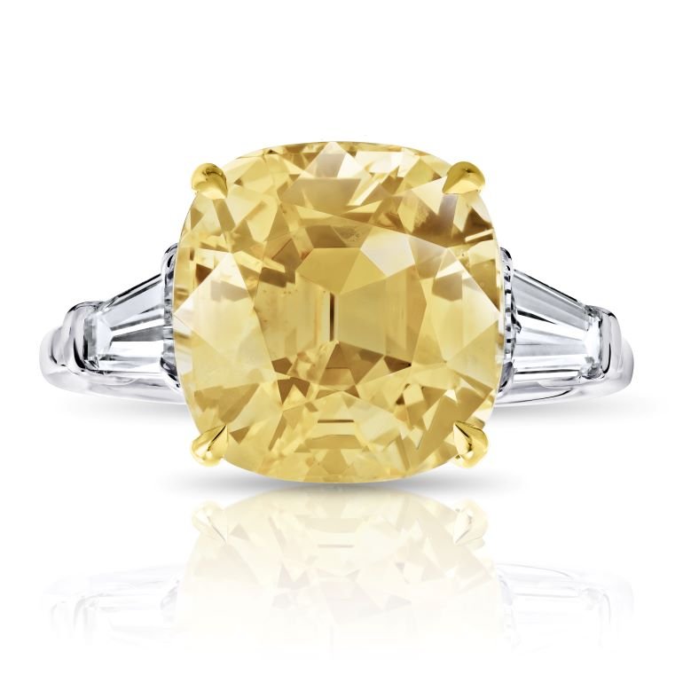 7.54 Carat Cushion Yellow  Sapphire and Diamond Platinum Ring - David Gross Group