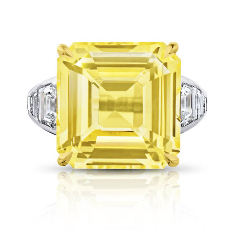 7.54 Carat Cushion Yellow  Sapphire and Diamond Platinum Ring