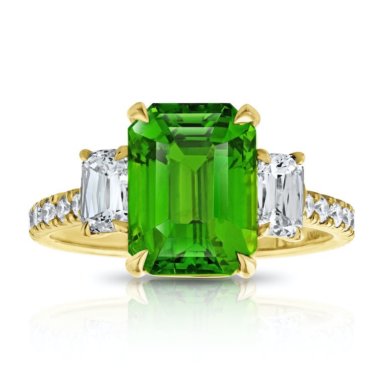 4.02 carat Emerald Cut Green Tsavorite and Diamond 18K YG Ring - David Gross Group