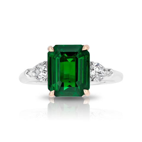 7.02 carat Emerald Cut Green Tsavorite and Diamond Ring