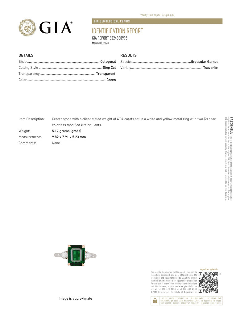 4.04 Carat Emerald Cut Green Tsavorite and Diamond Platinum Ring - David Gross Group