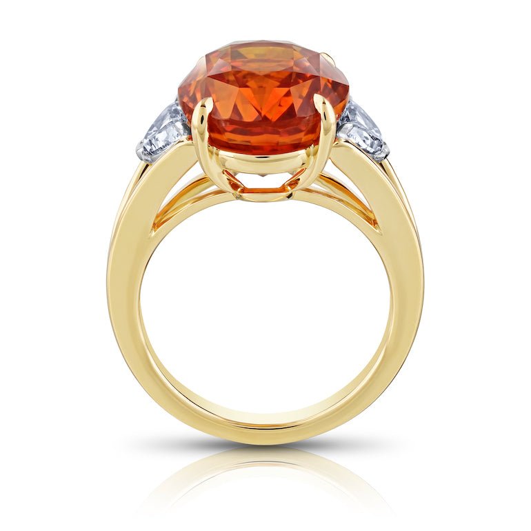 12.04 carat Oval Orange Sapphire with two Half Moon Diamonds in 18k YG ring - David Gross Group