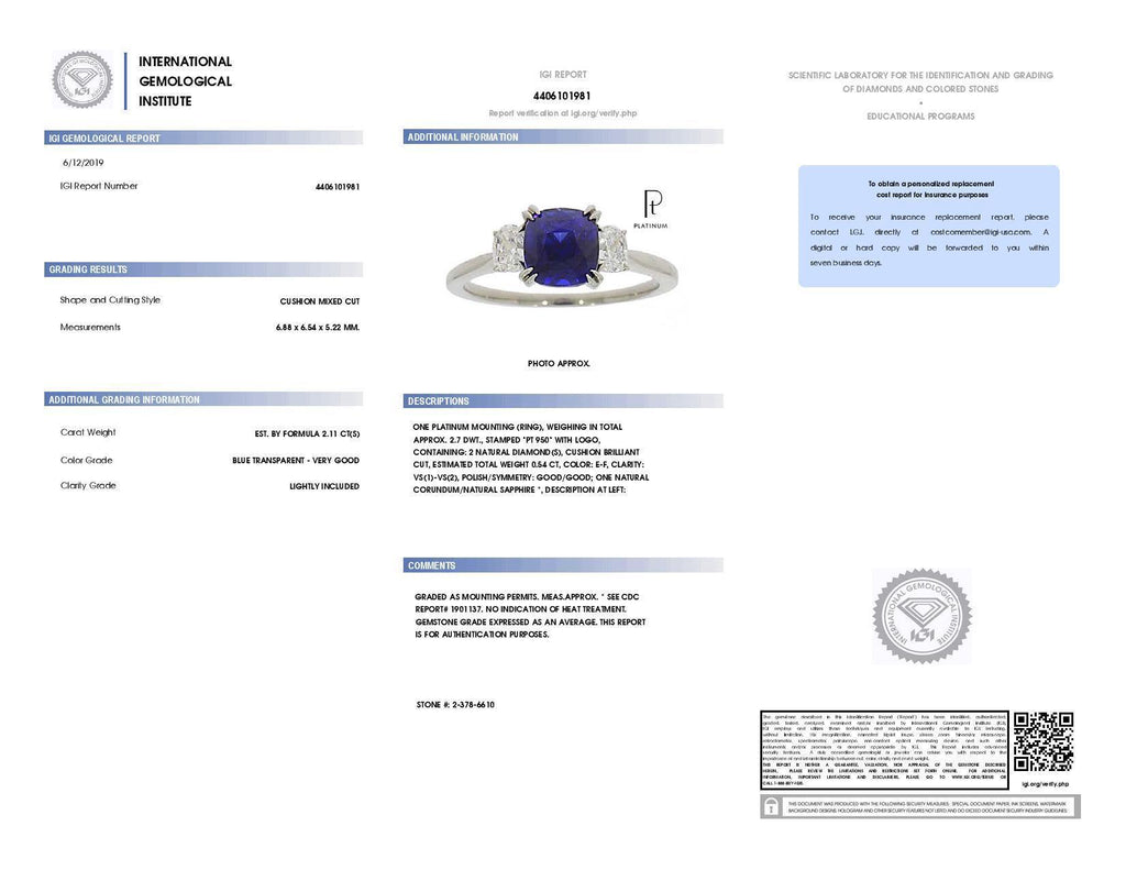 2.11 Carat Cushion Blue Sapphire and Diamond Ring - David Gross Group