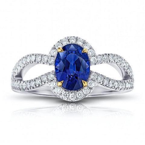 1.31 Carat Square Emerald Cut Blue Sapphire and Trapezoid Diamond Ring