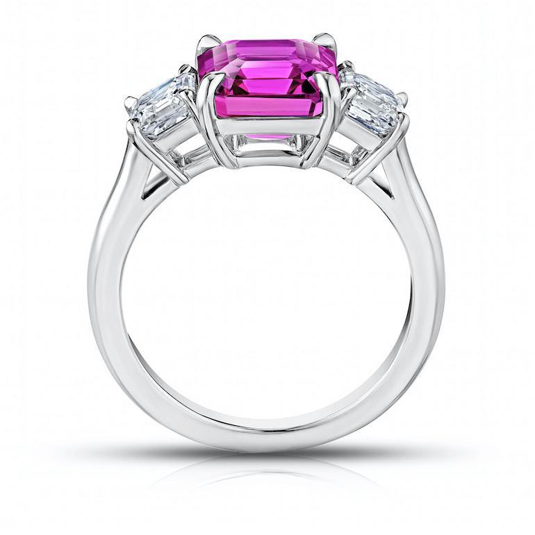 4.06 Carat Emerald Cut Pink Sapphire and Diamond Ring - David Gross Group