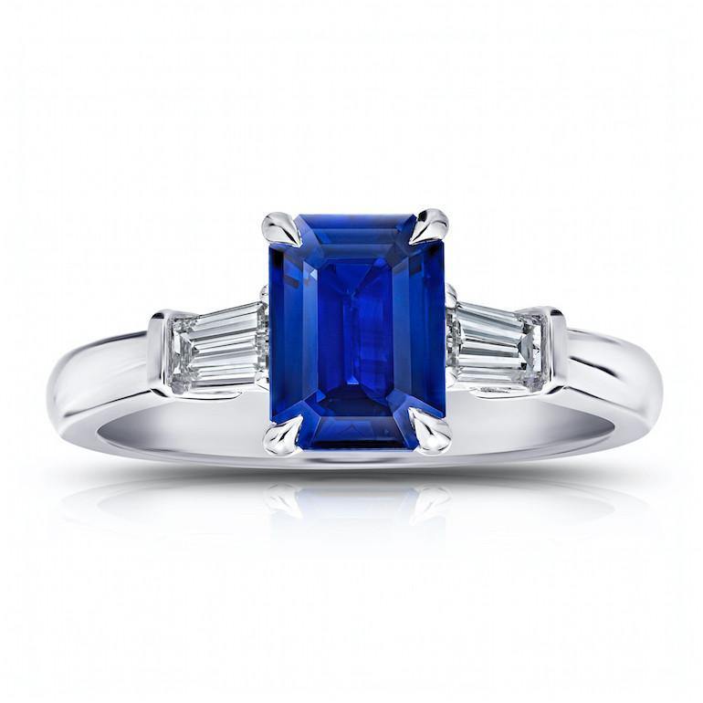 1.76 Carat Emerald Cut Blue Sapphire and Diamond Ring - David Gross Group