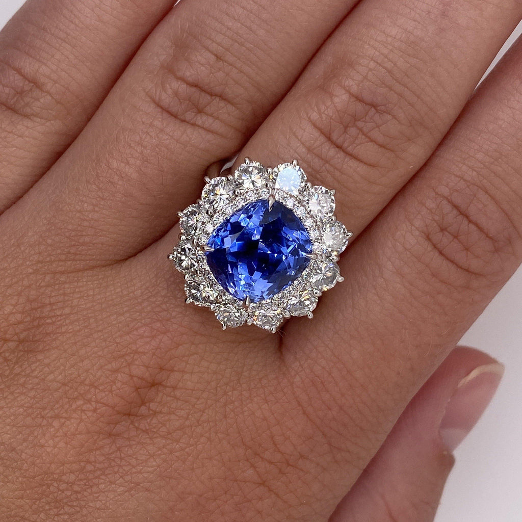 7.40 Carat Cushion Blue Sapphire and Diamond Ring - David Gross Group