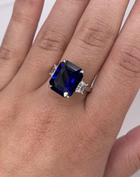 7.30 Carat Emerald Cut Blue Sapphire and Diamond Ring - David Gross Group