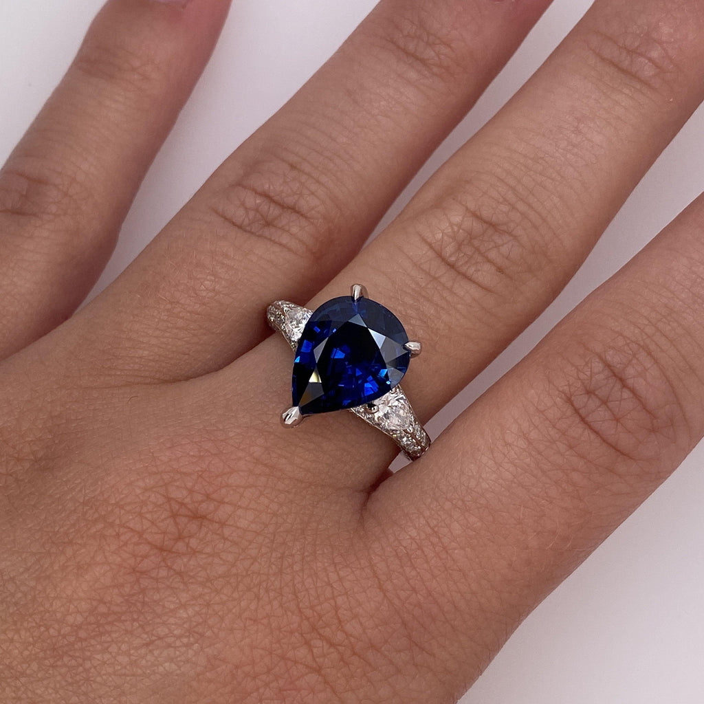 6.18 Carat Pear Shape Blue Sapphire and Diamond Ring - David Gross Group