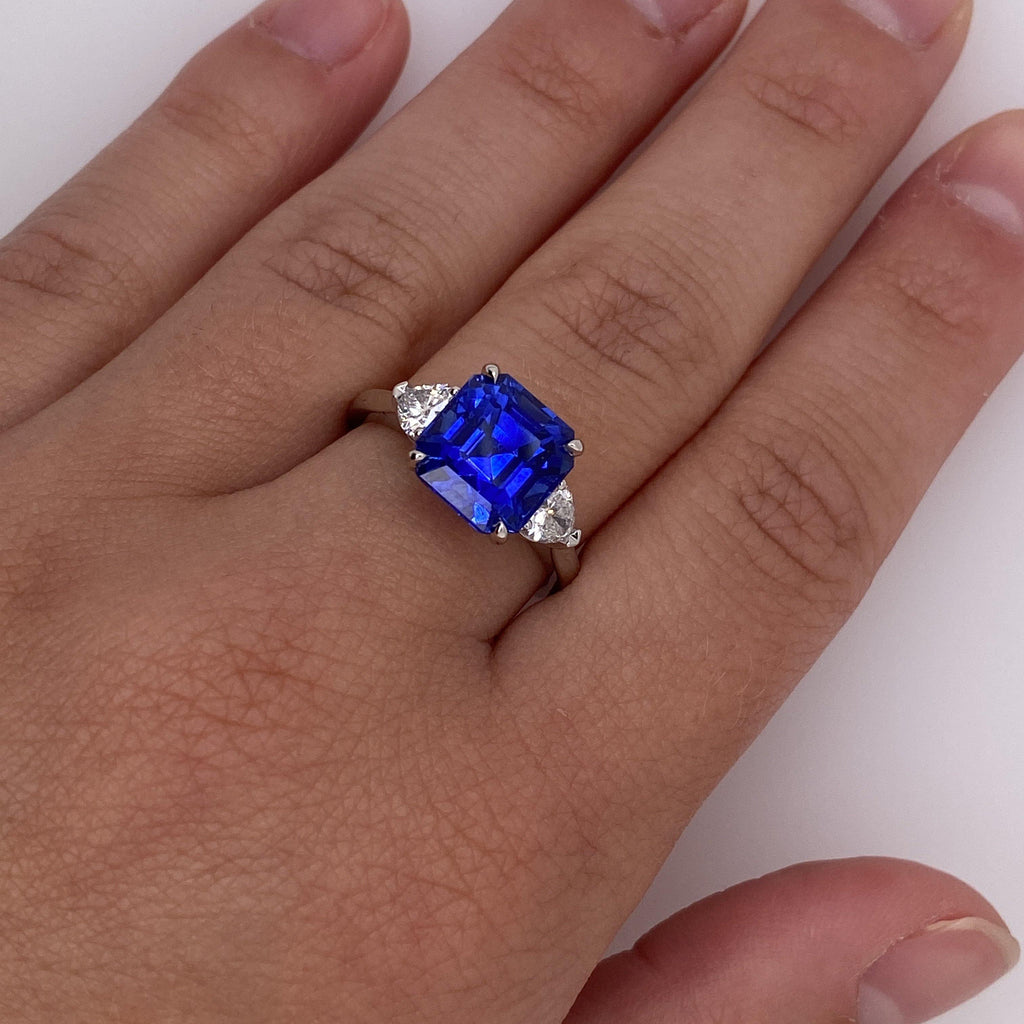 5.65 Carat Square Emerald Blue Sapphire and Diamond ring - David Gross Group