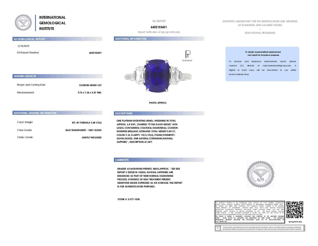 3.88 Carat Cushion Blue Sapphire and Diamond Ring - David Gross Group