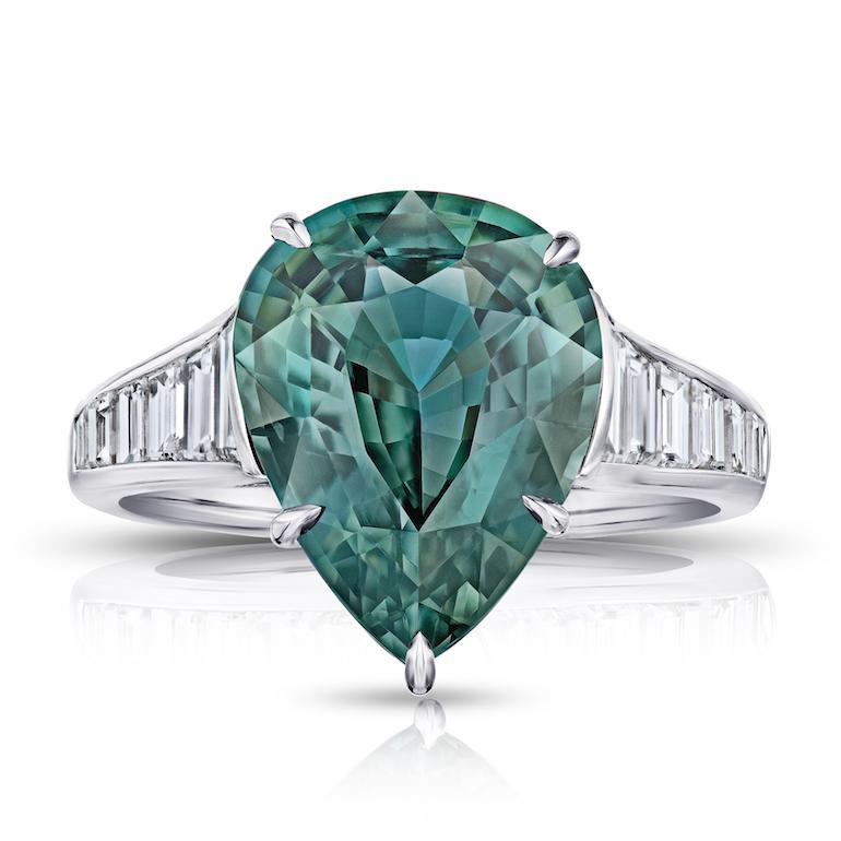 7.57 Carat Pear Shape Green Sapphire and Diamond Ring